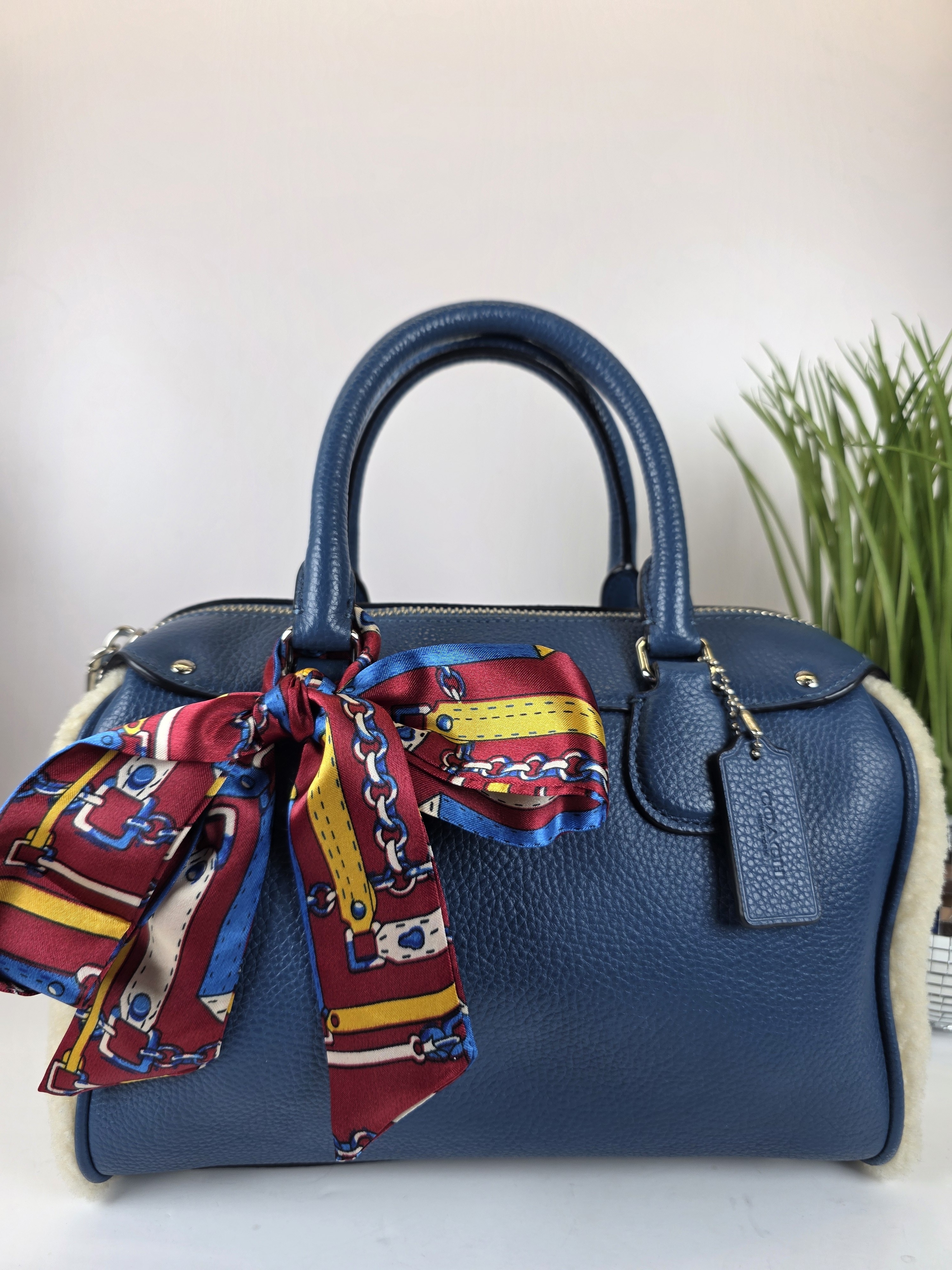 Coach Bennett Shearling Blue Pebble Leather Satchel Hand Crossbody Bag Sherpa